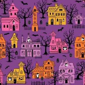 Haunted Houses: Orange Pink Purple Yellow on Purple (Large Scale)