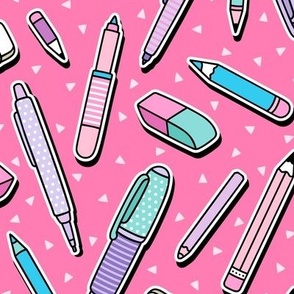 Pens and Pencils on Pink (Large Scale)