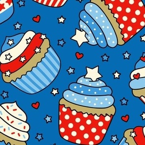 Patriotic Cupcakes on Bright  Blue (Large Scale)