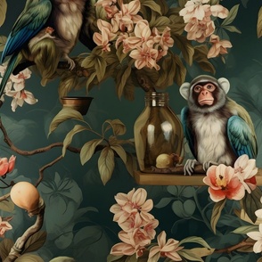  Wallpaper Monkey flowers , blossoms / Turquoise, Blue,  fantasy, apothecary, whimsical, quirky, fun