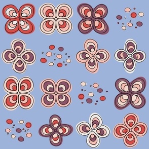 M | Plum Violet and Red Abstract Butterfly Wings Retro Floral Doodle Grid with Dots on Mont Blanc Blue