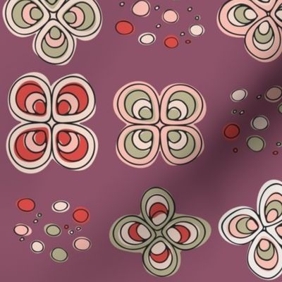 M | Pink and Green Abstract Butterfly Wings Retro Floral Doodle Grid with Dots on Violet Quartz Plum Purple