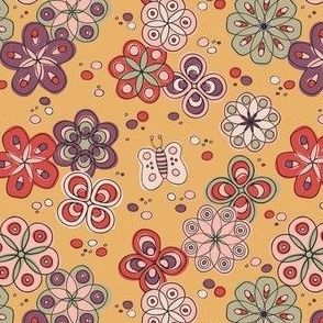 S | Retro Geometric Flowers Summer Butterfly Floral on Harvest Gold