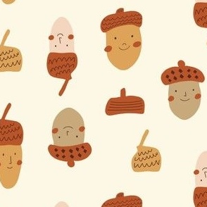 Medium - Cute Acorn Friends and Hats - Kids Apparel and Home Decor Fabric - Ivory