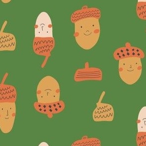 Medium - Cute Acorn Friends and Hats - Kids Apparel and Home Decor Fabric - Green 