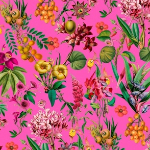 Tropical Jungle Flower And Fruit Garden Pattern On Pink Medium Scale