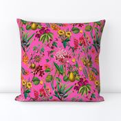Tropical Jungle Flower And Fruit Garden Pattern On Pink Smaller Scale