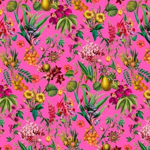 Tropical Jungle Flower And Fruit Garden Pattern On Pink Smaller Scale