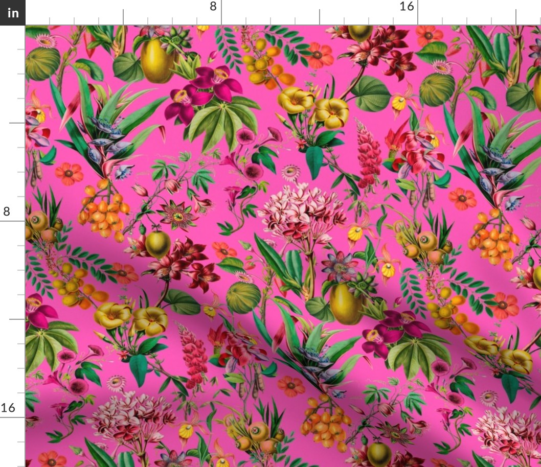 Tropical Jungle Flower And Fruit Garden Pattern On Pink Smaller Scale