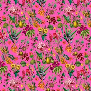 Tropical Jungle Flower And Fruit Garden Pattern On Pink Extra Small