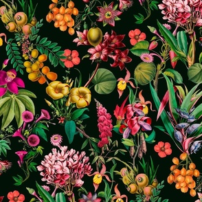 Tropical Jungle Flower And Fruit Garden Pattern On Black