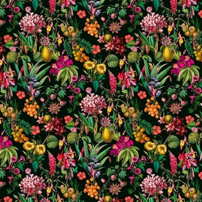 Tropical Jungle Flower And Fruit Garden Pattern On Black Extra Small