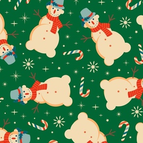 Vintage Christmas Snowman Pattern on Green, Large Scale