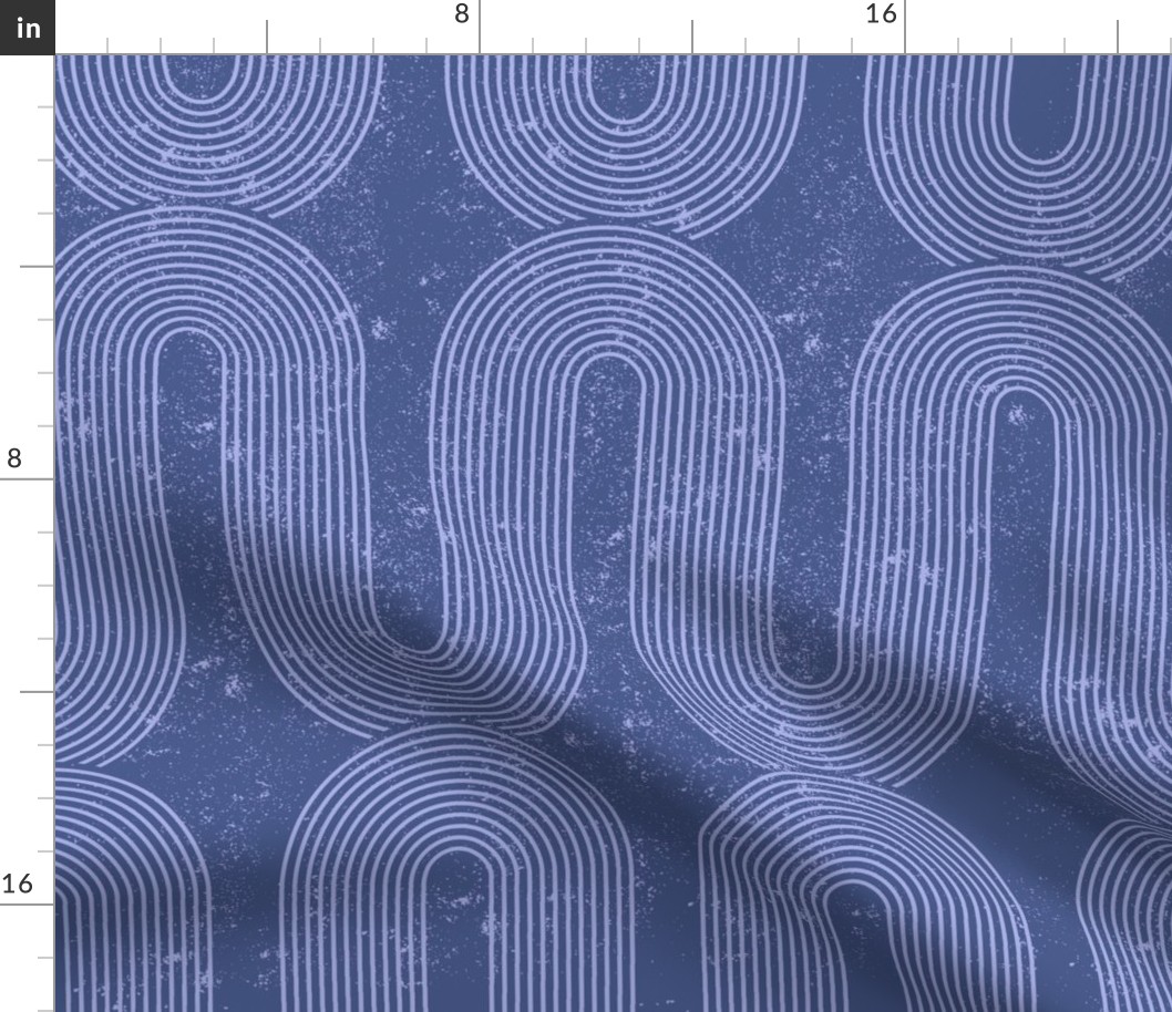 Striped semicircular shapes on a blue.