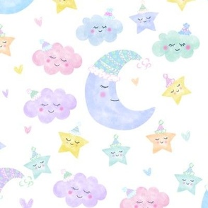 Sleepy sky whimsical pastel clouds, moon, stars and hearts with sleeping hats