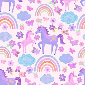 Cute unicorn and baby unicorn floating on boho rainbows and clouds