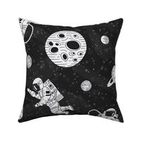 Astronauts in outer space  black and white - cosmonauts exploring galaxies and planets - large scale for bedding and curtains