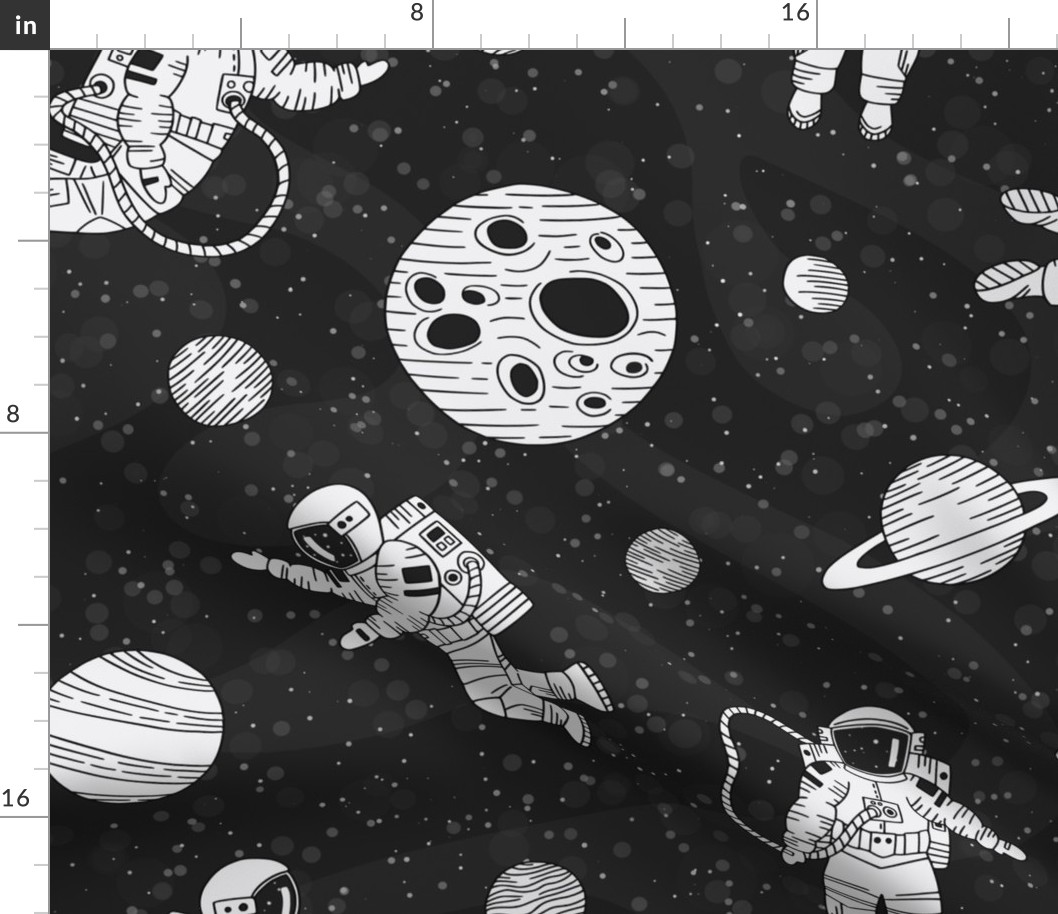 Astronauts in outer space  black and white - cosmonauts exploring galaxies and planets - large scale for bedding and curtains