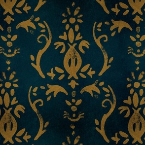 Vintage Gold & Blue Textured Victorian Wallpaper
