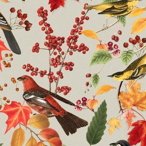 Autumn Bird Impression In With Colorful Leaves Bright Colors On Neutral Beige Background Large Scale