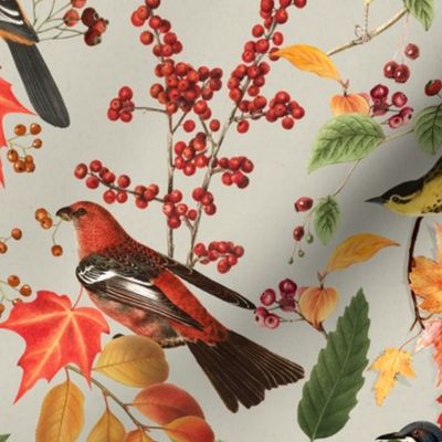 Autumn Bird Impression In With Colorful Leaves Bright Colors On Neutral Beige Background Medium Scale