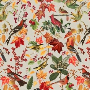 Autumn Bird Impression In With Colorful Leaves Bright Colors On Neutral Beige Background Medium Scale