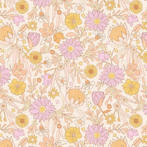 Vintage Nursery Floral on Cream Textured with Lavender, Peach & Yellow  