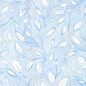 medium scale hand-painted blue non-directional watercolor textural leaves // chambray blue