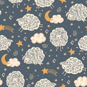Sleepy Sheep and Starry Night with Celestial Clouds and Twinkling Stars in Block Print Style
