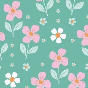 Hand-drawn ditsy flowers in green and pink