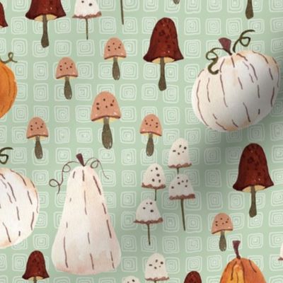 Pumpkins and Mushrooms (sage green, patt 5) half-scale