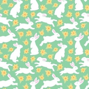 Bunny Meadow - Whimsical Wildflowers and Playful White Rabbits on Spring Green