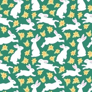 Bunny Meadow - Whimsical Wildflowers and Playful White Rabbits on Teal