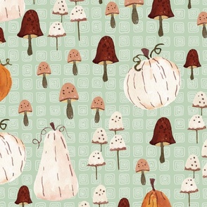 Pumpkins and Mushrooms (sage green, patt 5) large scale