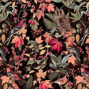 Autumn Impression With Owl And Colorful Leaves In Red Green Colors On Black Background Medium Scale