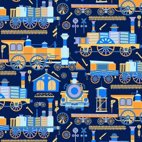 Totally Trains -Super Steamers - Retro Rail Locomotives - Navy Blue + Bright Orange - LARGE