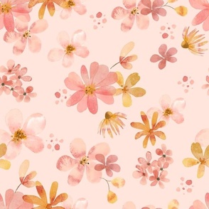 Soft Pink Floral -  Pastel Watercolor Flowers in Pink Peach and Gold, Baby Girl Nursery (baby pink, patt 4) half-scale