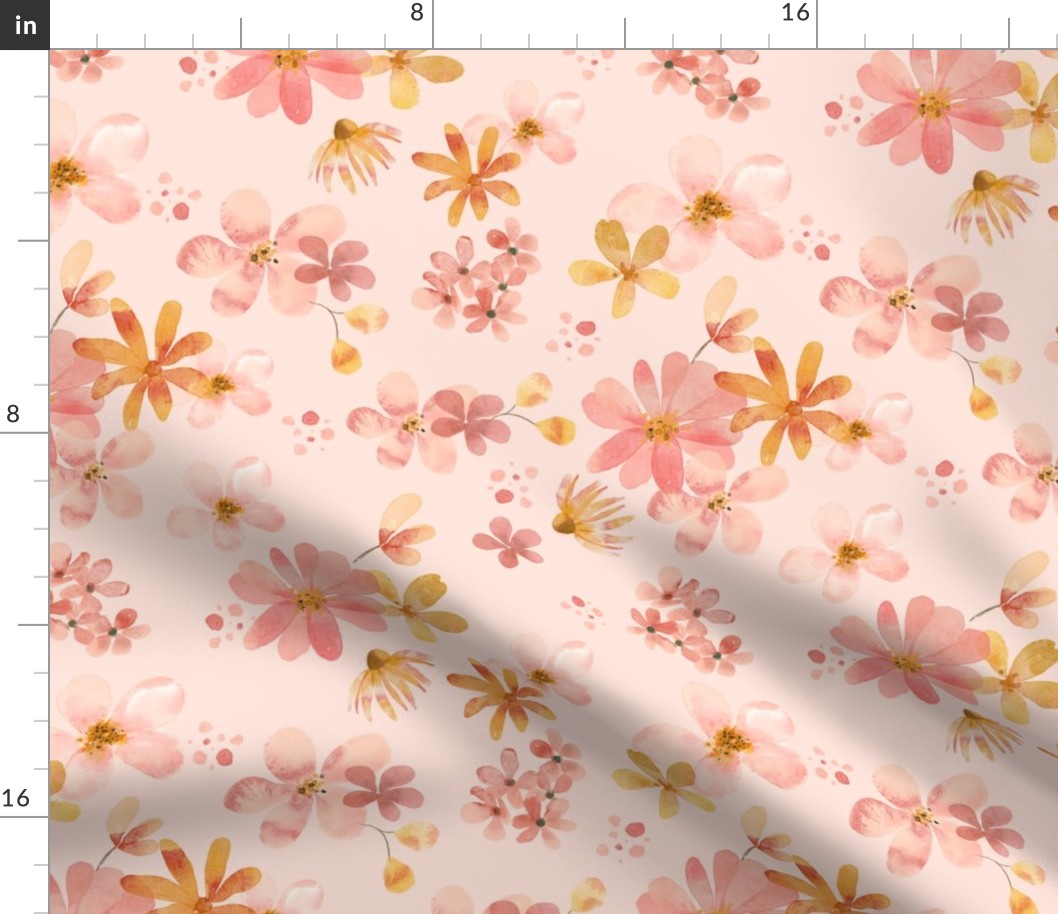 Soft Pink Floral -  Pastel Watercolor Flowers in Pink Peach and Gold, Baby Girl Nursery (baby pink, patt 4) half-scale