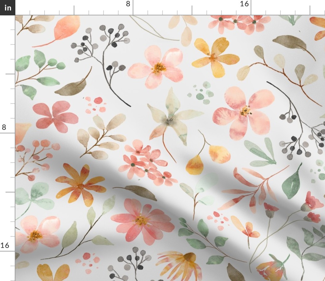 Pastel Floral Garden - Peach and Gold Flowers, Baby Girl Nursery (fog, patt 2) large scale