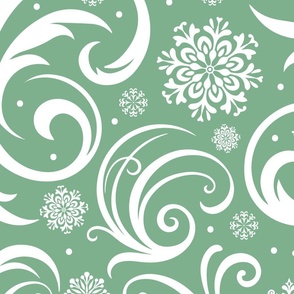 Elegant Winter Swirls: Flourish Snowflake Pattern Green Jumbo