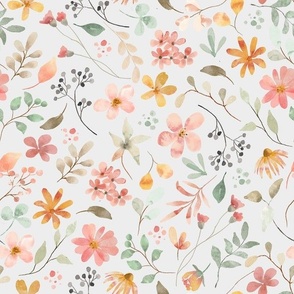 Pastel Floral Garden - Peach and Gold Flowers, Baby Girl Nursery (fog, patt 2) half-scale