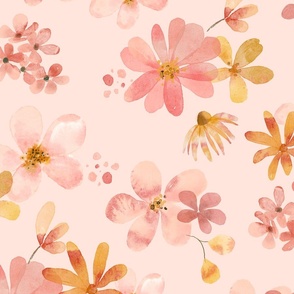 Soft Pink Floral -  Pastel Watercolor Flowers in Pink Peach and Gold, Baby Girl Nursery (baby pink, patt 4) large scale