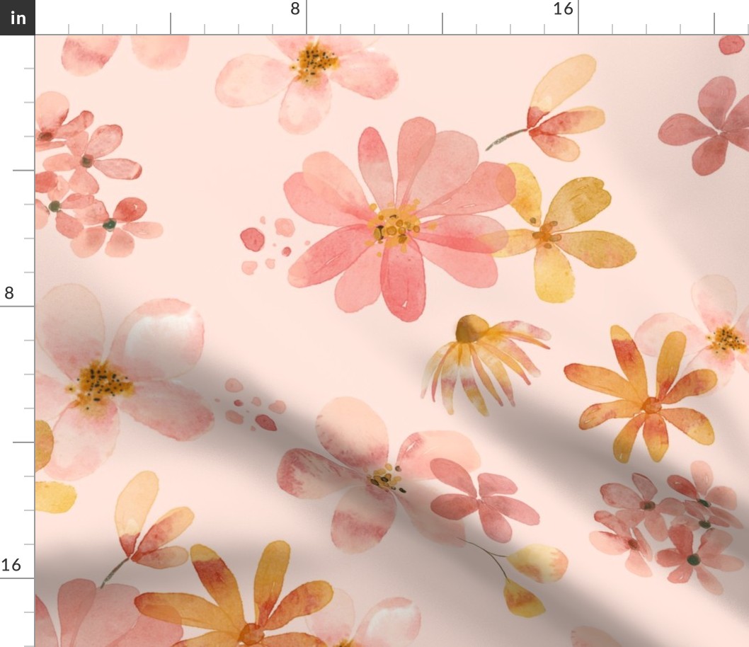 Soft Pink Floral -  Pastel Watercolor Flowers in Pink Peach and Gold, Baby Girl Nursery (baby pink, patt 4) large scale