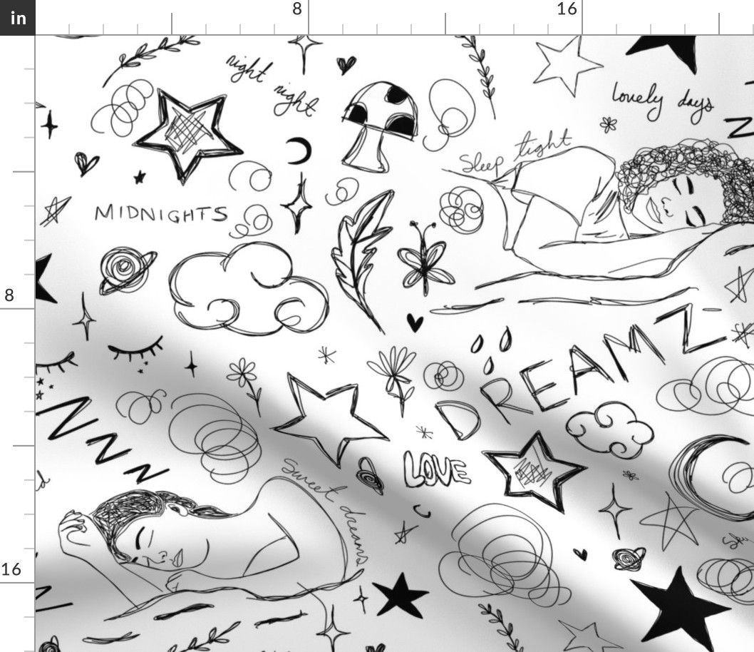 Black & White Y2K Aesthetic Drawings With Stars, Sleeping Girls, Mushrooms, Flowers, Text & More For Back To School, Teen, Art Student Decor