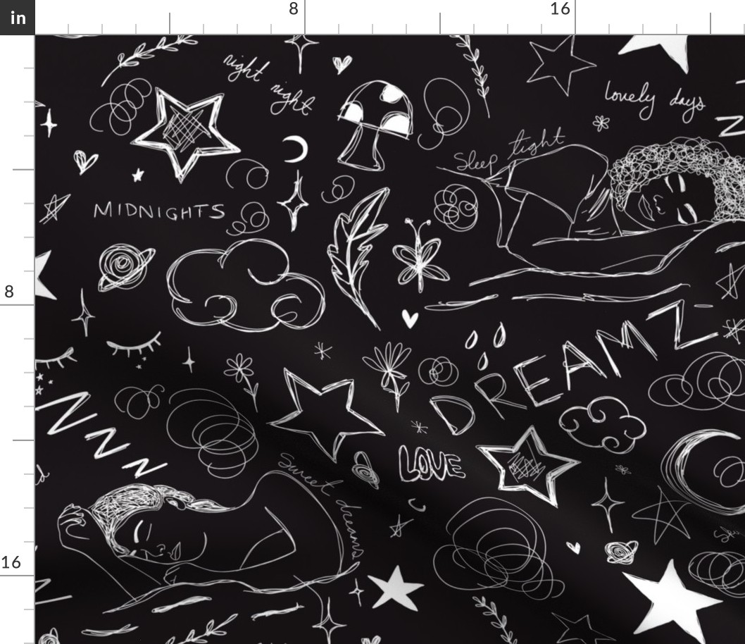 Black & White Y2K Aesthetic Drawings With Stars, Sleeping Girls, Mushrooms, Flowers, Text & More For Back To School, Teen, Art Student Decor