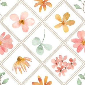 Soft Pastel Flowers in Pink Peach Gold and Mint, Hello Lula Floral coordinate, large scale
