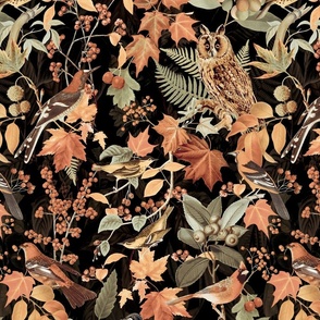 Autumn Bird Impression In With Colorful Leaves Brown Green On Black Background Medium Scale
