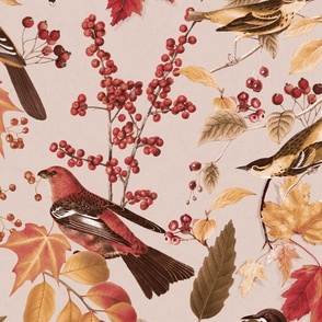 Autumn Bird Impression In With Colorful Leaves Pastel Colors On Beige Background