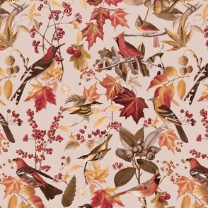 Autumn Bird Impression In With Colorful Leaves Pastel Colors On Beige Background Medium Scale