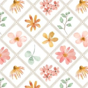 Soft Pastel Flowers in Pink Peach Gold and Mint, Hello Lula Floral coordinate, half-scale